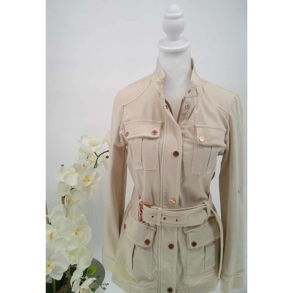 White House Black Market Womens Cream Full Zip Denim Utility Safari Jacket Sz 6